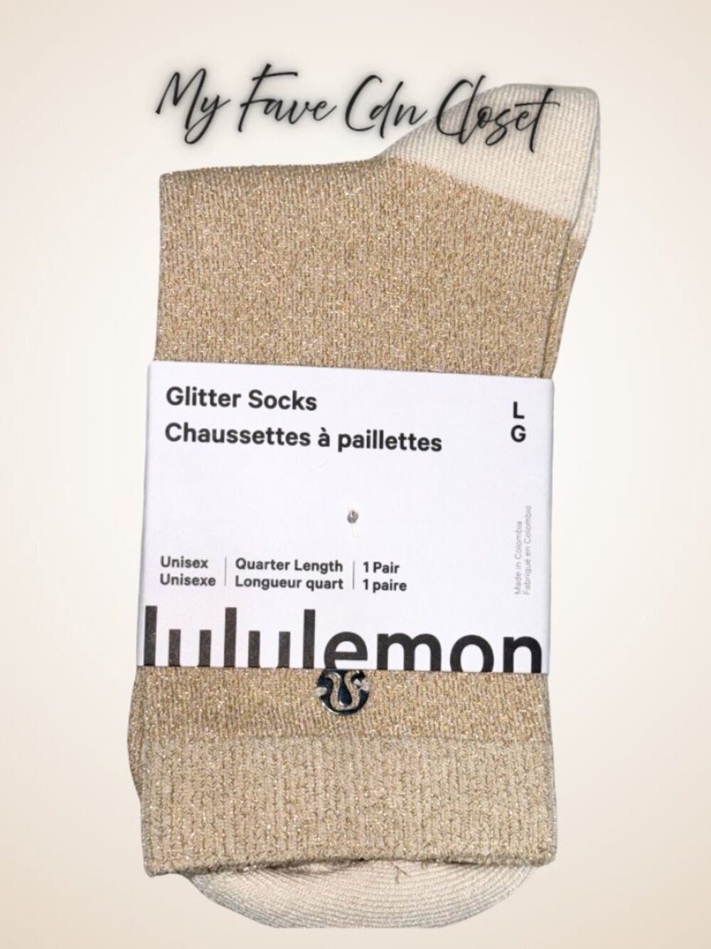 NWT Lululemon Light Ivory & Gold Glitter Quarter Unisex Socks sz L